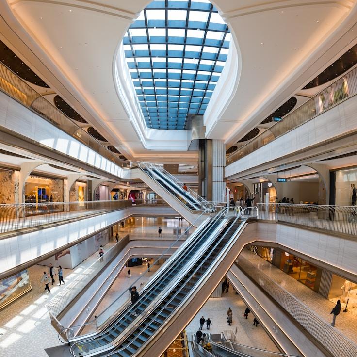 Modern shopping mall interior with family areas
